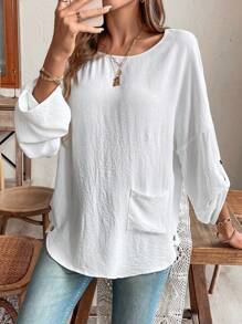 EMERY ROSE 椰子鈕圓領保健長袖襯衫 - 白色 - 查看 3