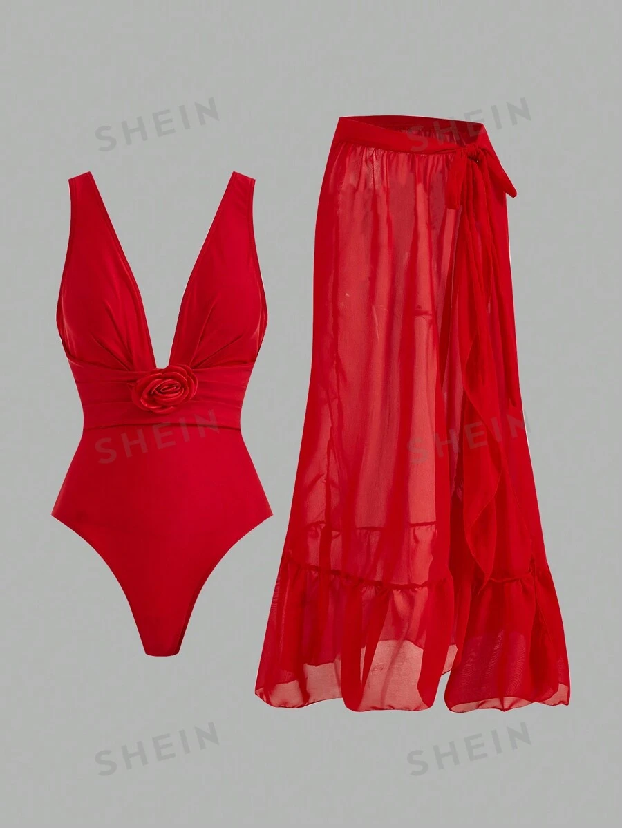 Swim Oasis 1 pieza Traje de baño de una sola pieza con decoración floral 3D para mujeres para vacaciones de verano