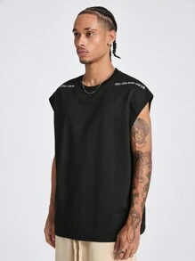 Manfinity RebelGame Men's Loose Fit Round Neck  Tank Top With English Letter Prints, Suitable For Summer - Black - View 3