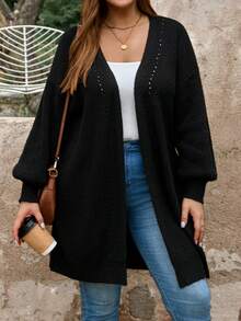 SHEIN LUNE 加大碼女式純色簡約日常長袖針織開襟外套 - 黑色 - 查看 4