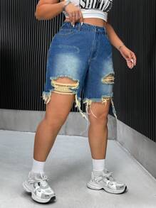 SHEIN ICON Quần short denim đau khổ hàng ngày màu trơn đơn giản dành cho nữ Plus Size - Màu xanh lam - Xem 4