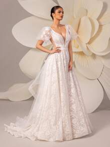 Nuevo vestido de novia elegante de manga abullonada con escote en V, encaje floral, parche de malla transparente y malla para mujer - Blanco - Ver 6