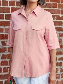 SHEIN LUNE 女款休閒夏季捲袖釦前襯衫 - 珊瑚粉 - 查看 6