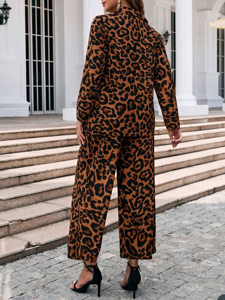 SHEIN Clasi Conjunto de 2 piezas para mujer con estampado de leopardo para uso diario y simple - Óxido marrón - Añade 3