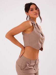 MUSERA 商务深V领翻领修身马甲度假春季优雅春节假日 - 咖啡棕 - 查看 3