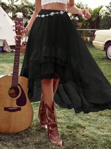 SHEIN VCAY Women's Vacation Solid Color Asymmetric Lace Hem Skirt With Ruffle Detail - Black - View 3