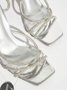 SHUZIA 女士时尚水钻交叉踝带宽跟高跟鞋 - 銀色 - 查看 4