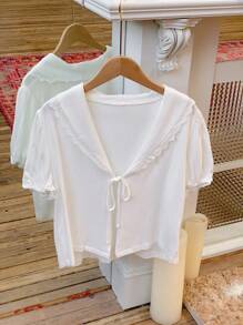 Comfortcana Áo sơ mi tay ngắn chắp vá màu trơn mùa hè - trắng - Xem 3