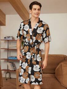 Conjunto de ropa de dormir para hombre con camisa de manga corta informal estampada con flores y pantalones cortos de verano - Negro - Ver 6