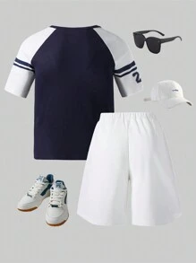 SHEIN 2 chiếc áo thun nam tay ngắn in họa tiết và quần short thường ngày, dành cho thanh thiếu niên và người lớn - màu đen - Xem 2