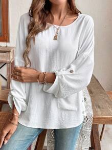 EMERY ROSE 椰子鈕圓領保健長袖襯衫 - 白色 - 查看 5