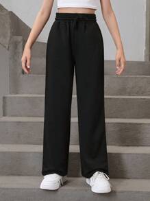 SHEIN Tween Girl Loose Fit Athleisure Black Straight Leg Pants With Drawstring, Perfect For Home And Leisure - Black - View 7