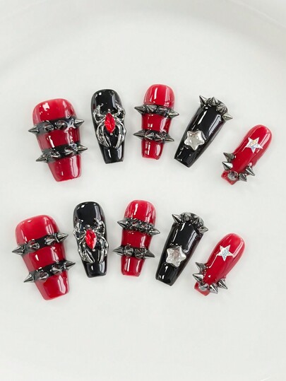 10pcs High-Quality Handmade False Nails With Dark Style Rivets, 3pcs Double-Sided Tape, Y2K Gothic Punk Nail Art, Removable Contrast Color Hand-Painted Nail Stickers, Suitable For Festivals, Parties, Dance And Daily Wear