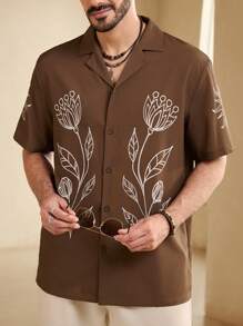 Manfinity RelaxMax 男士夏季花卉印花短袖休閒舒適襯衫 - 卡其色 - 查看 7