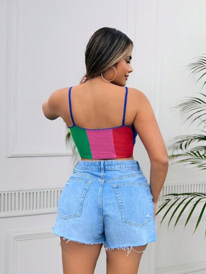 SHEIN SXY 女性用ジオメトリック柄クロップドニットタンクトップ、サマーバケーション、ビーチ、BOHO、セクシーボホ、誕生日、バチェロレッテパーティーウーマンズアウトフィット、レインボーカラー