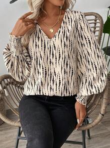 SHEIN LUNE Koszula robocza z marszczeniami w poprzek paska, z rękawami w kształcie latarni, w paski, w kropki, na co dzień, dla kobiet, z długim rękawem, z falbanką, z dekoltem w serek, regularny krój, regularny, wielokolorowy, z rozszerzanymi rękawami, bluzki damskie, wiosna/jesień, codzienne, codzienne ubrania