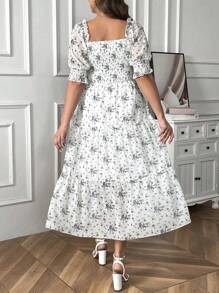 SHEIN LUNE Plus Size Square Neckline Puff Sleeve Cinching Waist Dress - Multicolor - View 2