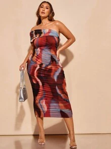 SHEIN BAE Plus Size Women's Elegant Off Shoulder Ruched Mesh Marble Printed Bodycon Midi Dress For Date Or Street Outing - Multicolor - View 3