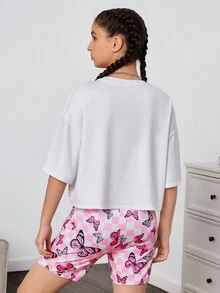 SHEIN Áo phông rộng rãi và quần đi xe đạp bó sát dành cho nữ tuổi teen Bộ 2 bộ thể thao thông thường - Hồng - Xem 2