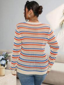 Calvaya Plus Size Spring/Autumn Casual Color Block Striped Hollow Knitted Sweater Fall Winter - Multicolor - View 2