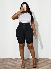 SHEIN Lady Plus Size Women's Slim Fit Trousers With Button Fastening, Summer Basics - Black - View 3