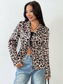 Lunelith SHEIN Lunessa Blazer casual con estampado de leopardo, cinturón de satén, para primavera/verano