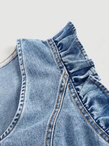 SHEIN MOD Áo vest denim giặt nước thông thường mùa hè dành cho nữ có viền xù - Rửa nhẹ - Xem 4