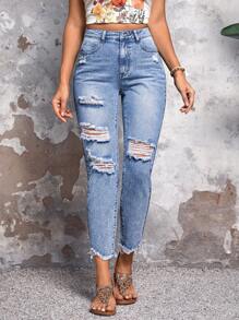 SHEIN LUNE 撕毀式原始邊緣緊身牛仔褲，適用於日常穿著 - 中等水洗藍 - 查看 1