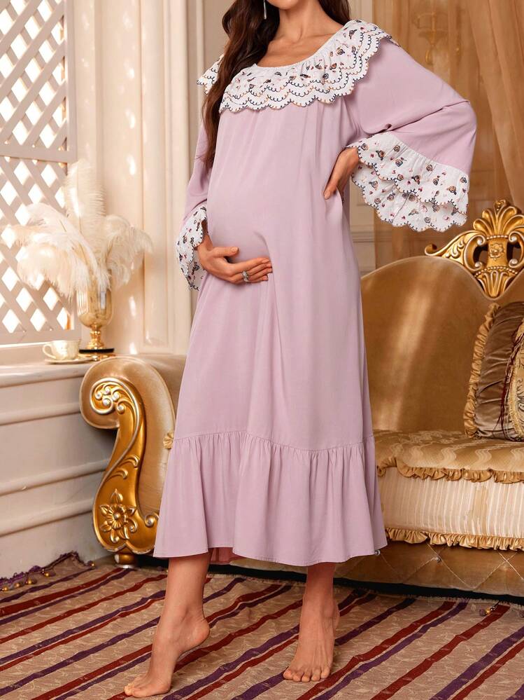 Moonlight&Mama 玫瑰与心形刺绣蕾丝边舒适孕妇睡裙，弹力宽领口，长袖睡衣裙 - 藕粉色 - 查看 6