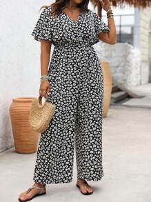SHEIN LUNE Mono con estampado floral y cintura ceñida para vacaciones y ocio, talla grande, verano
