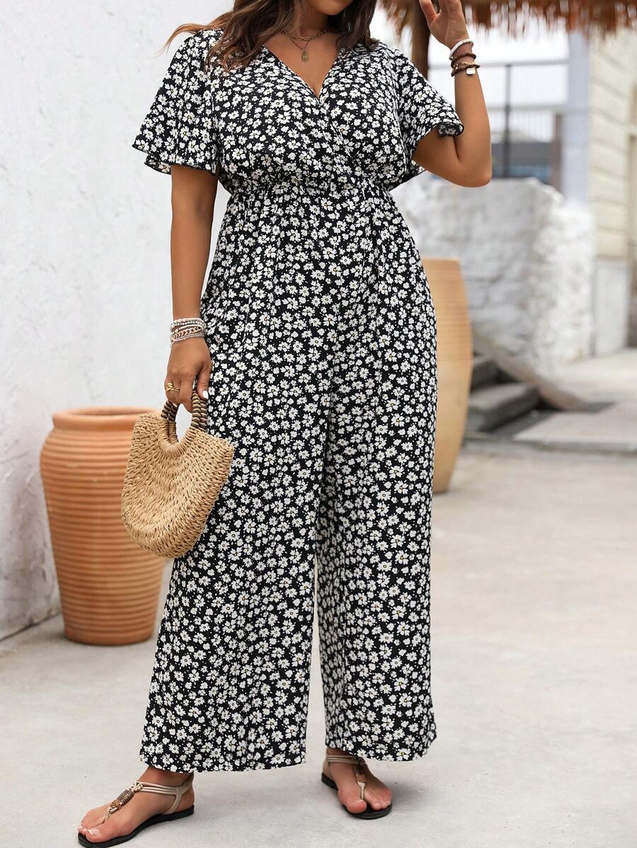EMERY ROSE Plus Size Vacation & Leisure Floral Patterned Jumpsuit With Cinched Waist, Summer - Black - View 1