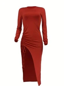 SHEIN Slayr Plus Size Casual Solid Color Drawstring Split Dress, Spring/Summer - Red - View 3