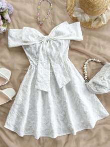 Soleia Women Solid Jacquard Off Shoulder Knot Front Dress - White - View 1
