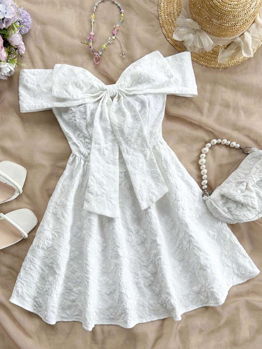 Soleia Women Solid Jacquard Off Shoulder Knot Front Dress - White - View 1