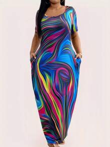 Maweii Vestido maxi de manga corta con cuello cuadrado para mujer de talla grande