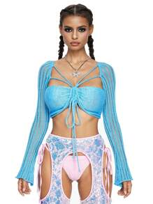 ROMWE Avant 女士閃亮蝴蝶結鈴聲袖短身毛衣，狂歡音樂節 - 藍色 - 查看 3