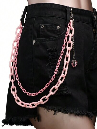 Kawaii 1pc Sweet & Cool Dual-Layered Pink Acrylic Strawberry-Shaped Ladies' Pants Chain,School Valentines