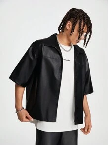 AXEPEAK Men's Plain Leather Loose Short Sleeve Shirt, Suitable For Summer, Boyfriend Gift, Going Out - Black - View 4