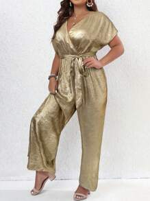 SHEIN Unity Plus Size Elegant High-End Party Jumpsuit With Belt, V-Neck And Batwing Sleeves For New Year Holiday Party Clothes - Gold - View 5