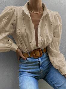 Vaiaye Women's Embroidered Solid Color Lace-Up Long Sleeve Top, Suitable For Valentine's Day, Everyday Wear, Travel, Mother's Day, Birthday And Party Occasions - Apricot - View 9