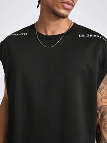 Manfinity RebelGame Men's Loose Fit Round Neck  Tank Top With English Letter Prints, Suitable For Summer - Black - View 4