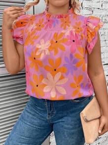 SHEIN LUNE Plus Size Stand Collar Shirred-Front Shirt With Ruffle Hem, Summer - Multicolor - View 5
