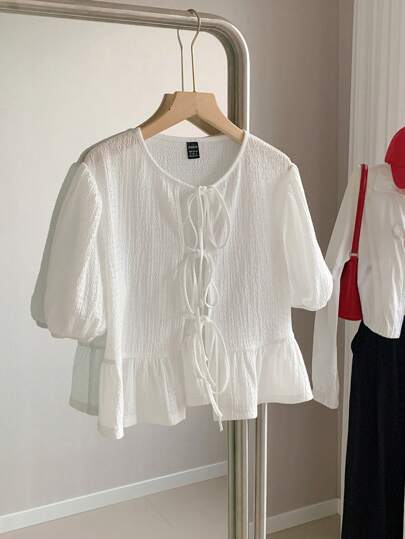 Comfortcana 大码白色系带短袖 T 恤，休闲夏季