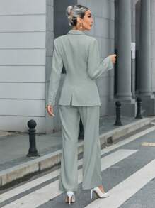 SHEIN Clasi Women's Solid Color Simple Daily Wear Suit, Top And Pants Set - Baby Blue - View 2