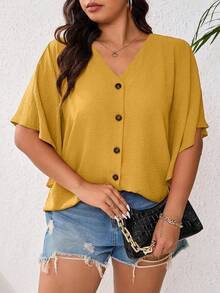 SHEIN LUNE 大碼夏季休閒寬鬆蝙蝠袖襯衫，胸前鈕扣裝飾 - 黃色 - 查看 4
