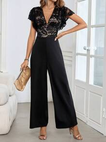 SHEIN Clasi Women's V-Neck Pleated Lace & Mesh Elegant Jumpsuit With Ruffle Trim - Black - View 1