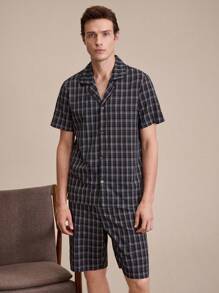 EverLounge Men Plaid Print Button Front Short Sleeve Top & Pants PJ Set - Black - View 6