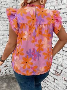 SHEIN LUNE Plus Size Stand Collar Shirred-Front Shirt With Ruffle Hem, Summer - Multicolor - View 2