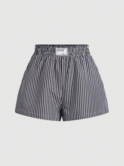 SHEIN MOD Women's Blue & White Striped Elastic Waistband Shorts With Alphabet Applique Decoration