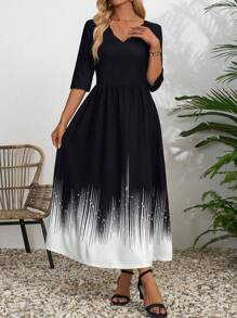 EMERY ROSE Black&White&Yellow Abstract Striped Pattern Wave Collar Ladies' Casual 3/4 Sleeve Dress - Black and White - View 5